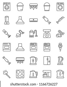 thin line vector icon set - vacuum cleaner vector, bucket, kettle, scales, oven, blender, air conditioner, fridge, washer, coffee maker, hood