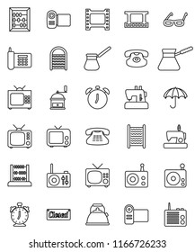 thin line vector icon set - washboard vector, kettle, hand mill, turk coffee, glasses, alarm clock, abacus, phone, umbrella, film frame, radio, tv, classic, closed, video camera, sewing machine