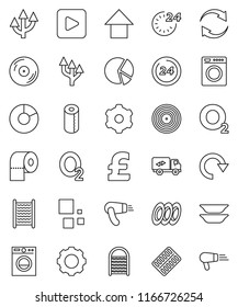 thin line vector icon set - washboard vector, toilet paper, plates, pie graph, arrow up, pound, oxygen, disk, play button, pills blister, gear, refresh, redo, loading, route, relocation truck