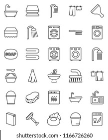 thin line vector icon set - soap vector, scraper, fetlock, bucket, sponge, towel, bath, drying clothes, washer, washing powder, shower, sink, dishwasher