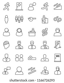 thin line vector icon set - water closet vector, student, manager, man, stairways run, support, client, speaking, doctor, gender sign, eye hat, head bandage, medical room, consumer