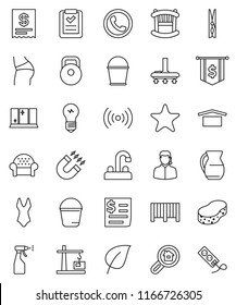 Thin Line Vector Icon Set - Vacuum Cleaner Vector, Bucket, Clothespin, Sponge, Sprayer, Shining Window, Water Tap, Jug, Magnet, Leaf, Dollar Flag, Weight, Buttocks, Swimsuit, Receipt, Dry Cargo