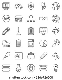 thin line vector icon set - plunger vector, pencil, world, flask, pie graph, monitor dollar, clipboard, roller Skates, sports nutrition, route, tulip, film spool, battery, thermometer, magnifier
