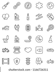 thin line vector icon set - toilet vector, microscope, compass, dollar shield, boxing glove, stairways run, stadium, traffic light, big scales, film frame, music hit, video camera, heart, rca