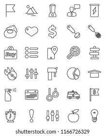 thin line vector icon set - soap vector, sprayer, skimmer, ladle, alarm clock, flag, pie graph, dollar, sign, diet, enegry drink, gymnast rings, signpost, attention, traking, calendar, dry cargo