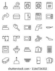 thin line vector icon set - water tap vector, scoop, sponge, iron, steaming, drying clothes, washer, sink, pan, kettle, colander, grater, microwave oven, fridge, dishwasher, vacuum cleaner