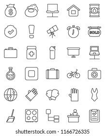 thin line vector icon set - soap vector, scoop, cleaning agent, rubber glove, oven, student, case, telescope, alarm clock, money bag, presentation board, bike, boxing, swimsuite, first aid kit, home