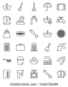 thin line vector icon set - plunger vector, broom, water tap, fetlock, bucket, measuring cup, cook press, whisk, grater, sieve, case, hand trainer, umbrella, supply, shopping bag, basket, kettle