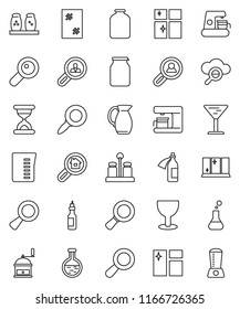 thin line vector icon set - window cleaning vector, shining, measuring cup, hand mill, spices, jug, jar, oil, magnifier, glass, flask, sand clock, potion, cloud, search estate, client, coffee maker