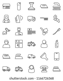 thin line vector icon set - scraper vector, vacuum cleaner, fetlock, car, iron, steaming, cleaning agent, shining window, woman, dollar cursor, phone 24, support, delivery, mobile, hospital building