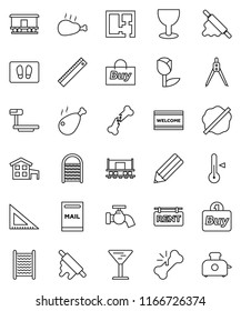 thin line vector icon set - water tap vector, splotch, welcome mat, washboard, rolling pin, thermometer, chicken leg, pencil, corner ruler, drawing compass, Railway carriage, glass, tulip, cottage