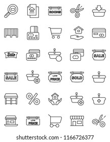 thin line vector icon set - house hold vector, cart, credit card, office, cargo search, estate document, sale signboard, rooms, sold, low price, percent, market, store, barcode, basket, coupon