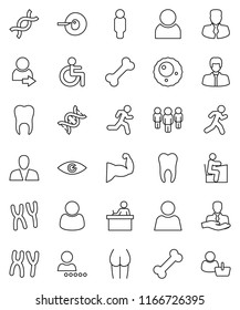 thin line vector icon set - student vector, manager, man, muscule hand, buttocks, bone, run, client, disabled, eye, dna, insemination, chromosomes, ovule, tooth, user, login, consumer, customer