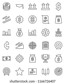 thin line vector icon set - graduate hat vector, clipboard, award cup, certificate, graph, japanese candle, money bag, bank building, target, dollar medal, cent sign, stairways run, top, favorites