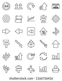 thin line vector icon set - graph vector, crisis, percent growth, dollar, target, arrow up, route, signpost, top sign, package, backward button, refresh, redo, low price signboard, 24 hour