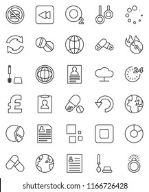 thin line vector icon set - toilet brush vector, world, personal information, pie graph, pound, pills, no fast food, gymnast rings, oxygen, earth, music hit, stop button, backward, cloud network