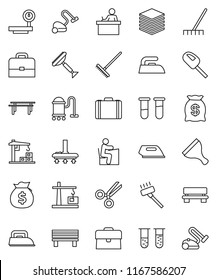 thin line vector icon set - scraper vector, vacuum cleaner, rake, iron, student, case, money bag, horizontal bar, big scales, vial, scissors, data, bench, construction crane