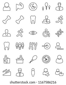 thin line vector icon set - student vector, manager, man, muscule hand, stairways run, bone, client, disabled, eye, dna, pregnancy, insemination, chromosomes, sperm, tooth, user, login, consumer