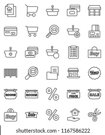 thin line vector icon set - house hold vector, cart, credit card, office, cargo search, estate document, sale signboard, rooms, low price, new, percent, market, buy, barcode, basket, shopping list