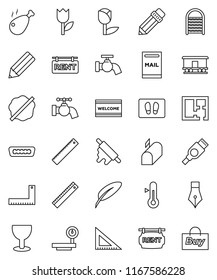 thin line vector icon set - water tap vector, splotch, welcome mat, washboard, rolling pin, thermometer, chicken leg, pen, pencil, corner ruler, glass, tulip, big scales, Railway carriage, hdmi, buy