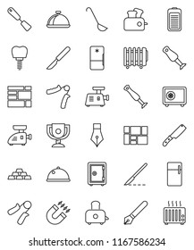 thin line vector icon set - spatula vector, ladle, knife, toaster, blender, dish, pen, award cup, magnet, safe, gold ingot, hand trainer, consolidated cargo, battery, scalpel, tooth implant, fridge