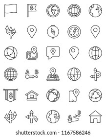 thin line vector icon set - compass vector, world, flag, dollar, route, navigator, earth, map pin, traking, internet, connection, globe, arrow, home