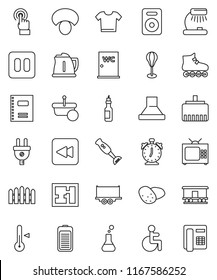 thin line vector icon set - water closet vector, kettle, blender, thermometer, mushroom, potato, oil, copybook, table lamp, alarm clock, punching bag, roller Skates, truck trailer, Railway carriage