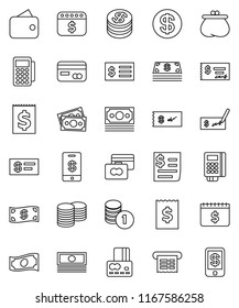 thin line vector icon set - credit card vector, cash, coin stack, check, receipt, dollar calendar, money, wallet, reader, tap pay