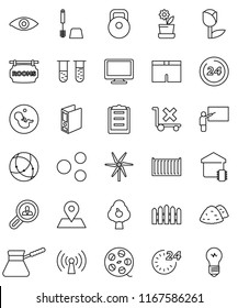 thin line vector icon set - toilet brush vector, garbage pile, turk coffee, blackboard, binder, weight, shorts, map pin, sea container, clipboard, no trolley, tulip, film spool, monitor, vial, eye