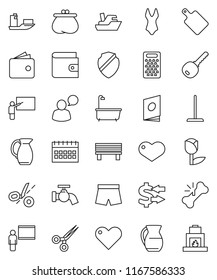 thin line vector icon set - mop vector, water tap, bath, cutting board, grater, jug, blackboard, exchange, wallet, calendar, shorts, swimsuite, ship, tulip, speaking man, heart, scissors, shield