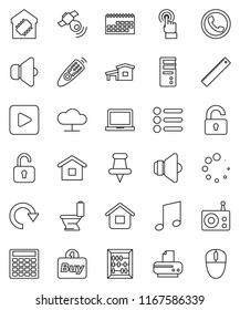 thin line vector icon set - toilet vector, ruler, notebook pc, abacus, music, calculator, calendar, radio, satellitie, speaker, remote control, touchscreen, thumbtack, play button, cloud network