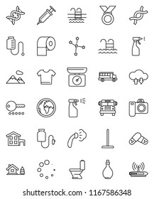 thin line vector icon set - mop vector, steaming, toilet, sprayer, paper, oil, school bus, constellation, medal, pool, earth, dna, syringe, pills, drop counter, cloud exchange, loading, cottage