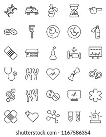 thin line vector icon set - molecule vector, ambulance star, heart pulse, cross, flask, vial, gender sign, dna, pregnancy, crutches, broken bone, sand clock, patch, stethoscope, pills, chromosomes