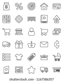 thin line vector icon set - laptop graph vector, dollar growth, target, cent sign, office, barcode, gift, credit card, star, money bag, percent, customer, basket, cart, home, calculator, delivery