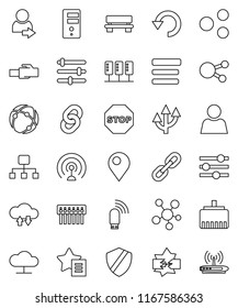 thin line vector icon set - antenna vector, social media, connection, server, disconnection, cloud network, exchange, equalizer, menu, shield, hub, usb modem, lan connector, share, favorites, bench