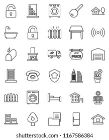 thin line vector icon set - cottage vector, chalet, solar panel, fruit tree, barn, fence, estate document, low price signboard, apartments, office building, key, lock, unlock, table, bath, washer