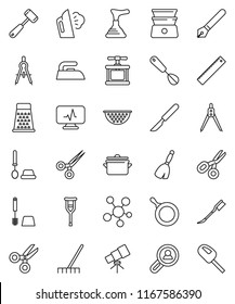 thin line vector icon set - plunger vector, broom, rake, car fetlock, iron, steaming, toilet brush, pan, colander, cook press, whisk, meat hammer, grater, double boiler, pen, ruler, drawing compass