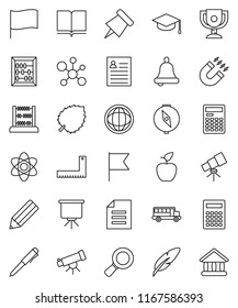 thin line vector icon set - book vector, graduate hat, pen, pencil, corner ruler, apple fruit, atom, telescope, bell, calculator, paper pin, compass, award cup, magnet, school bus, abacus, world
