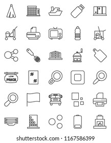 thin line vector icon set - cleaner trolley vector, window cleaning, plates, shining, towel, skimmer, cutting board, hand mill, school bus, flag, magnifier, water bottle, ship, tv, battery, share