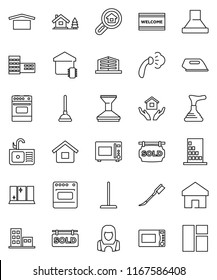 thin line vector icon set - plunger vector, mop, car fetlock, welcome mat, steaming, shining window, house hold, sink, cleaner woman, microwave oven, school building, dry cargo, home, chalet, office