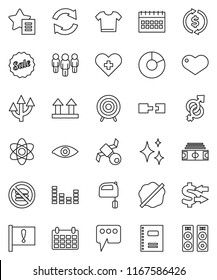 thin line vector icon set - shining vector, splotch, mixer, copybook, atom, exchange, pie graph, man, calendar, stadium, target, no fastfood, attention, satellite, top sign, equalizer, heart, cross