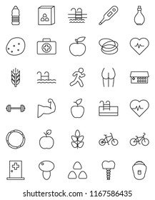 thin line vector icon set - oil vector, cereal, mushroom, potato, apple fruit, diet, barbell, heart pulse, bike, muscule hand, buttocks, water bottle, cereals, pool, first aid kit, hoop, run