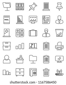 thin line vector icon set - trash bin vector, shining window, student, archive, manager, case, binder, clipboard, receipt, sorting, thumbtack, diagnostic monitor, medical room, network folder, user