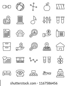 thin line vector icon set - apple fruit vector, music, archive, constellation, investment, personal information, hierarchy, cereals, heart monitor, navigator, phone, port, Railway carriage, settings