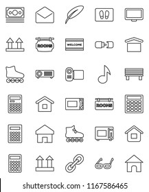 thin line vector icon set - welcome mat vector, microwave oven, pen, glasses, calculator, music, roller Skates, money, dry cargo, top sign, monitor, link, mail, home, bench, connection, video camera