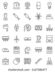 thin line vector icon set - vacuum cleaner vector, iron, mixer, oven, double boiler, blender, table lamp, tv, rca, windmill, air conditioner, fridge, power plug, fan, kettle, heater, bulb, fireplace