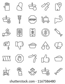 thin line vector icon set - cleaner trolley vector, foam basin, rubber glove, house hold, dollar coin, investment, hand trainer, muscule, boxing, traking, touchscreen, finger up, down, crutches