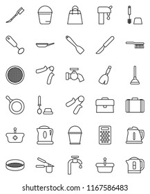 thin line vector icon set - plunger vector, broom, fetlock, bucket, water tap, car, toilet brush, pan, kettle, cook press, whisk, spatula, grater, sieve, case, hand trainer, scalpel, supply, basket