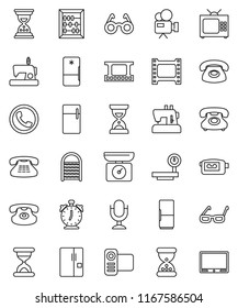 thin line vector icon set - washboard vector, glasses, alarm clock, abacus, sand, phone, big scales, film frame, video camera, microphone, classic, fridge, tv, kitchen, sewing machine