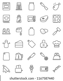 thin line vector icon set - kettle vector, scales, cook hat, apron, skimmer, spatula, knife, rolling pin, meat hammer, cutting board, hand mill, grater, mixer, toaster, microwave oven, cookbook, jar